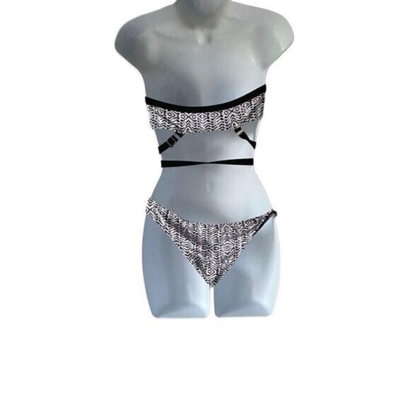 Convertible Ribbed Bandeau Bikini Swimsuit Two Piece Removable Strap Bikini‎ - Picture 2 of 10